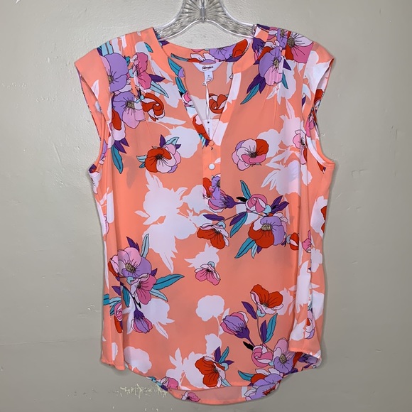 CANDIES Blouse Peach Purple PINTUCK SHELL Floral Popover V-Neck NWT Medium - Picture 1 of 12